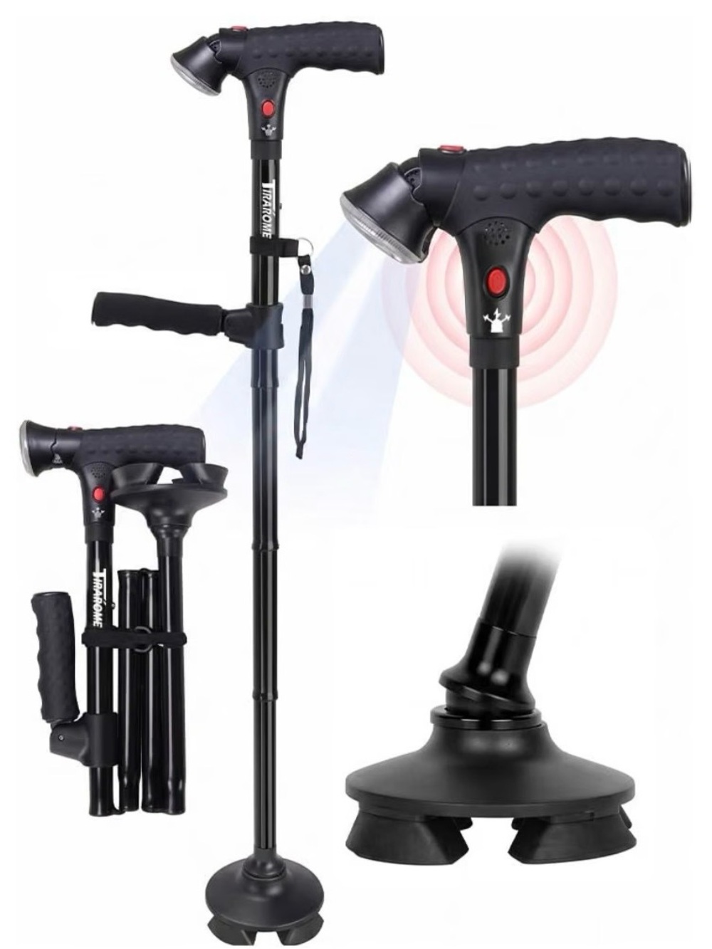 Black Folding LED Walking Cane with Ergonomic Handle